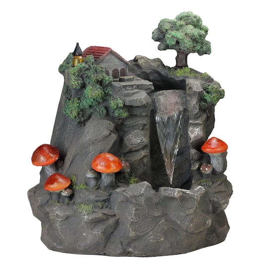 24.5&#x22; Solar LED Lighted Mushrooms by Waterfall Outdoor Patio Garden Water Fountain